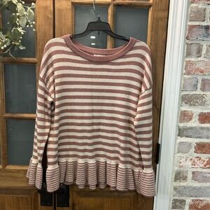 LOFT Outlet‎ Striped Sweater Med Mauve Ruffle Hem Pullover Preppy Barbiecore
